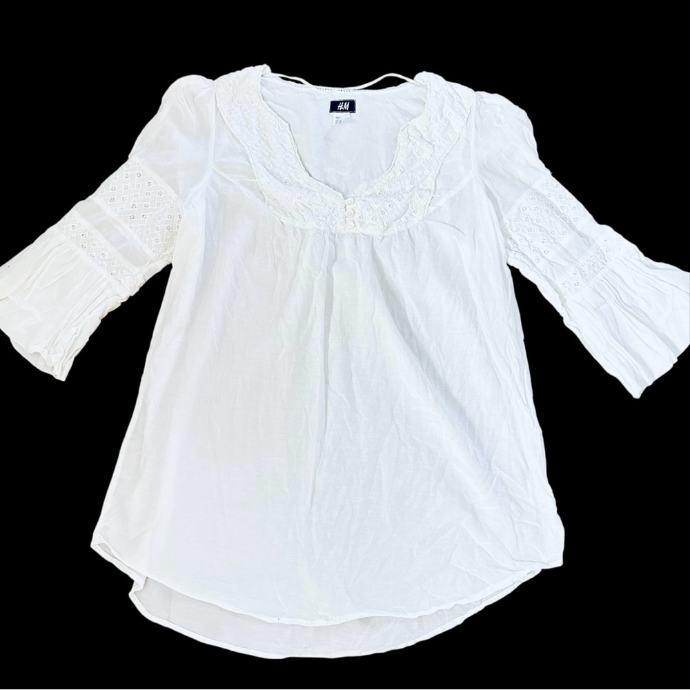 H&M White 3/4 Sleeve Flare Blouse Size 10